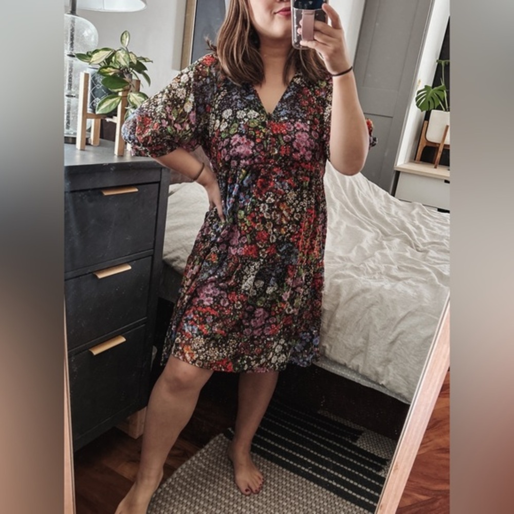 Anthropologie Floral Mini Dress in Black with Multicolor Flowers